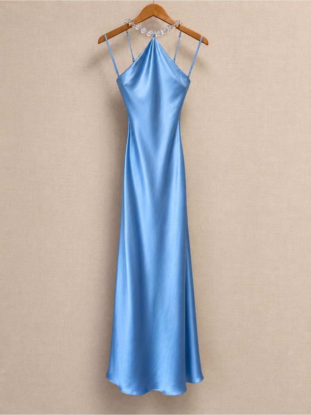 STAUD Cadence Azure Blue Satin Beaded Halter Maxi Gown Dress Size 0 NWT